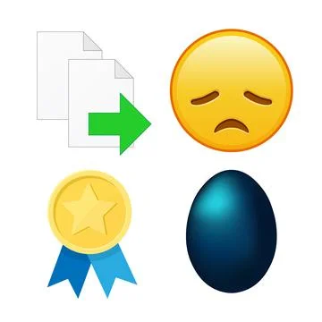 File document, disappointed face, golden medal, dark blue easter egg. Set o.. Stock Illustration