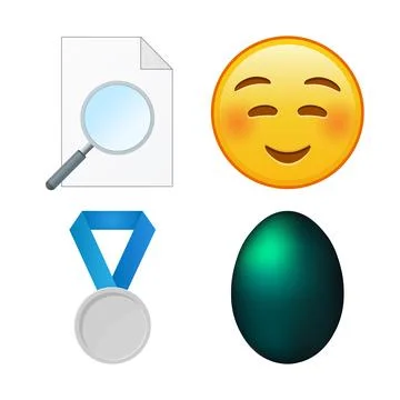 File document, embarrassed face, silver medal and dark green easter egg. Se.. Stock Illustration