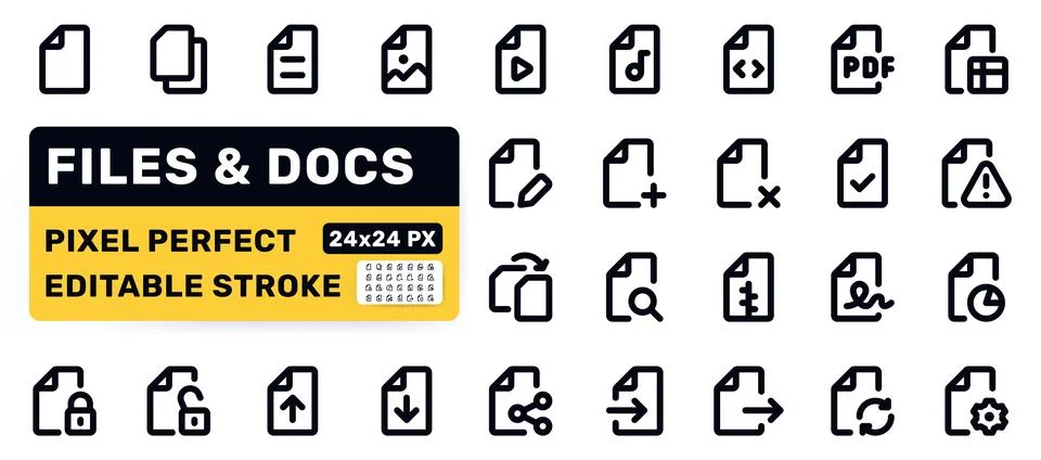 File, document line icon set. PDF image, video, audio, search, download, lock Stock Illustration
