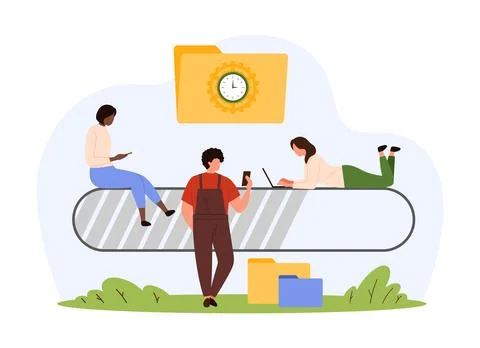 File download progress bar, tiny people check success loading status on 스톡 일러스트