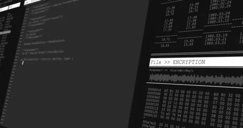 File encryption progress animation over computer code and binary data Stock Footage 305431378