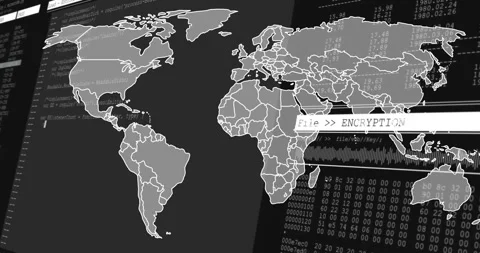 File encryption text animation over world map and digital data coding background Stock Footage 304021194