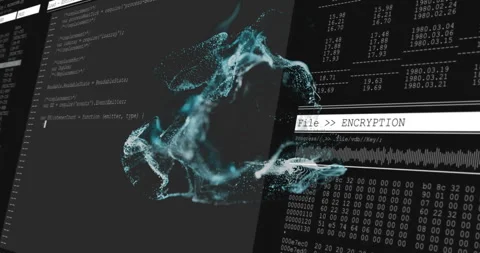File encryption text animation over coding and digital data processing screens Stock Footage 304194891