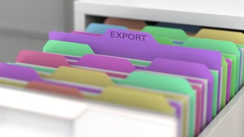 File with export related papers in the office file cabinet. 3D rendering Illustrazione stock