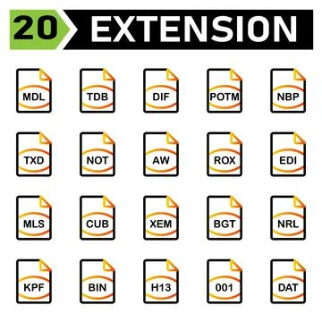 File extension icon include mdl, tdb, dif, potm, nbp, txd, not, aw, rox, edi, Stock Illustration