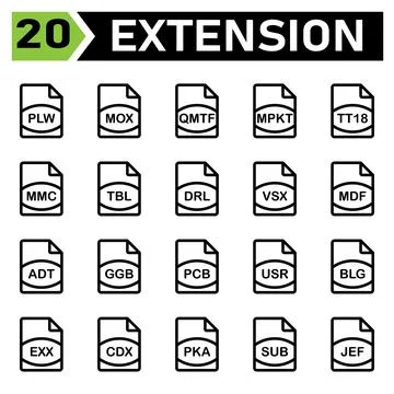 File extension icon include plw, mox, qmtf, mpkt, tt18, mmc, tbl, drl, vsx, m Stock Illustration