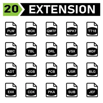 File extension icon include plw, mox, qmtf, mpkt, tt18, mmc, tbl, drl, vsx, m Stock Illustration