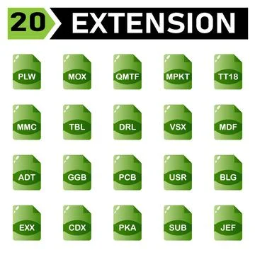 File extension icon include plw, mox, qmtf, mpkt, tt18, mmc, tbl, drl, vsx, m Stock Illustration