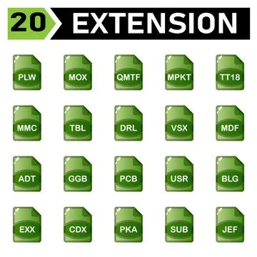 File extension icon include plw, mox, qmtf, mpkt, tt18, mmc, tbl, drl, vsx, m Stock Illustration