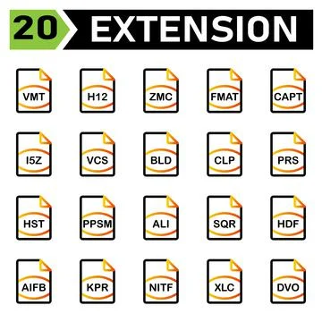 File Extension icon include vmt, h12, zmc, fmat, capt, i5z, vcs, bld, clp, pr Stock Illustration