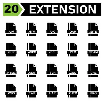 File extension icon set include aim, htm, pac, oam, site, gsp, aspx, xbel, pe Illustrazione stock