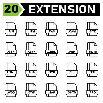 File extension icon set include aim, htm, pac, oam, site, gsp, aspx, xbel, pe Illustrazione stock