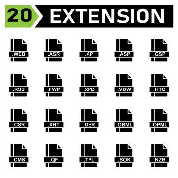 File extension icon set include web, asr, ap, asp, gsp, rss, fwp, xpd, vdw, h Stock Illustration