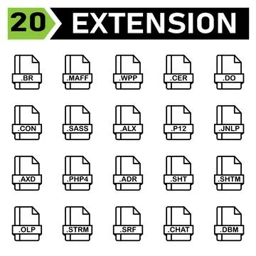 File extension icon set include br, maff, wpp, cer, do, con, sass, alx, p12,  Stock Illustration