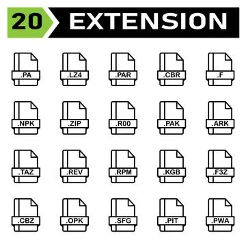 File extension icon set include pa, lza, par, cbr, f, npk, zip, r00, pak, ark Stock Illustration