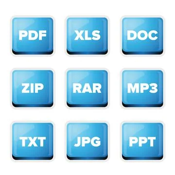 File extensions icons set: pdf, xls, doc, zip, rar, mp3, txt, jp Stock Illustration
