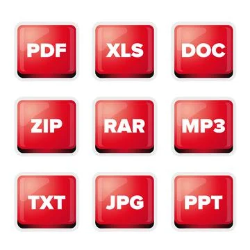 File extensions icons set: pdf, xls, doc, zip, rar, mp3, txt, jp Stock Illustration