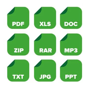 File extensions icons set: pdf, xls, doc, zip, rar, mp3, txt, jp Stock Illustration