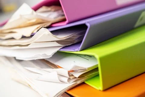 File Folder Binder stack of multi color on table in office. Stock Photos