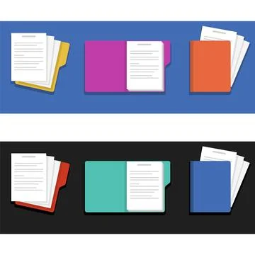 File folder icon set with paper sheets document management data storage Stockillustratie