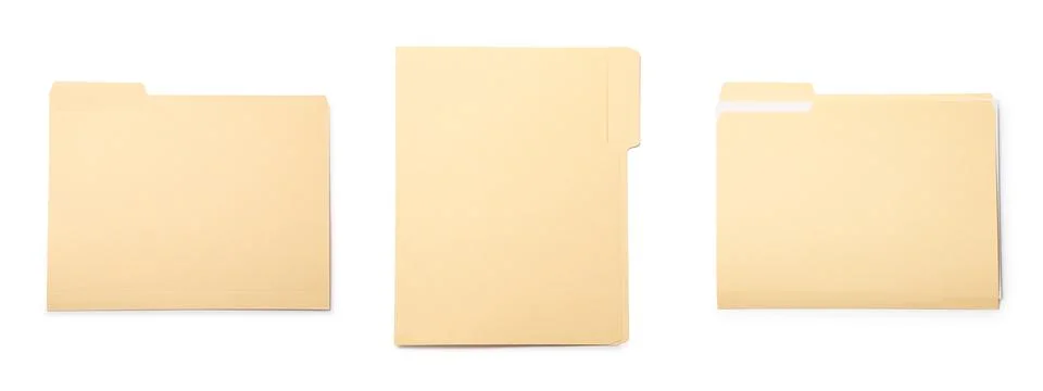 File folder isolated on white, collage. Top view Stock Photos