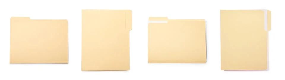 File folder isolated on white, collage. Top view Stock Photos