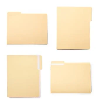 File folder isolated on white, collage. Top view Stock Photos