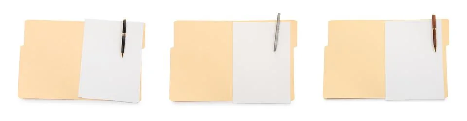 File folder with sheets of paper and pens isolated on white, collage. Top vie Stock Photos