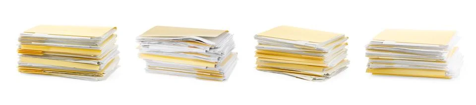 File folder with sheets of paper isolated on white, collage Stock Photos