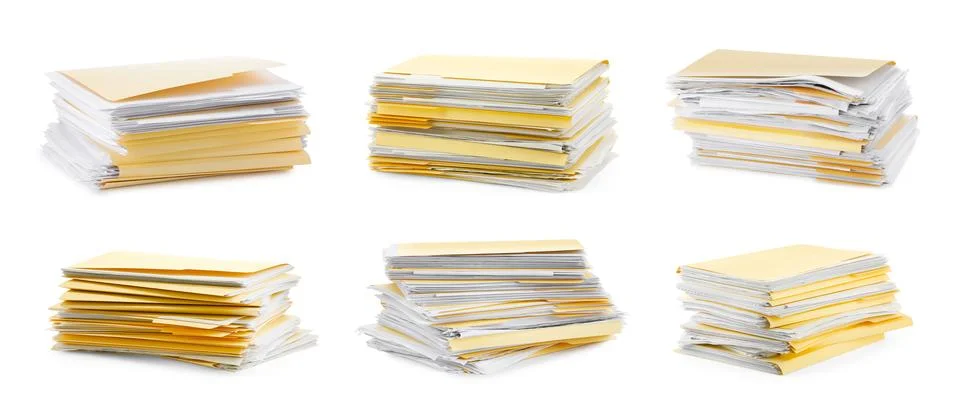 File folder with sheets of paper isolated on white, collage Stock Photos