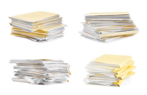 File folder with sheets of paper isolated on white, collage Stock Photos