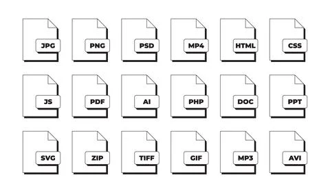 File format document modern black and white UI element set Stock Illustration