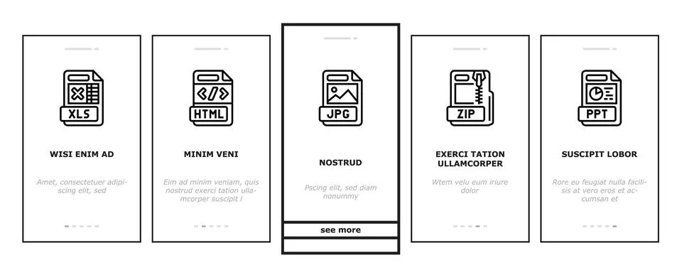 File format document onboarding icons set vector Illustrazione stock