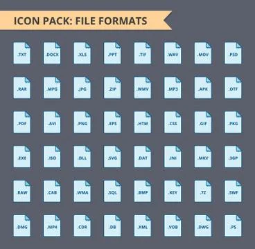 File format extension icon pack. Video, audio, presentatio, texts, movie. Stock Illustration