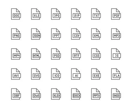 File format flat line icons set. Doc, xls, jpeg, zip, txt, pdf, xml, mp3 Stock Illustration