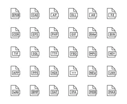 File format flat line icons set. Epub, dll, pps, gif, sql, fb2, eps, app Stock Illustration
