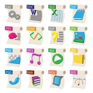 File format icons set, cartoon style Illustrazione stock