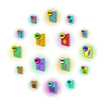 File format icons set, pop-art style Stock Illustration