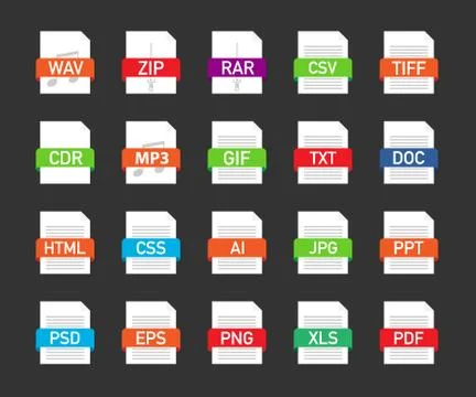 File formats flat icons set. White paper document pictograms with different f Illustrazione stock