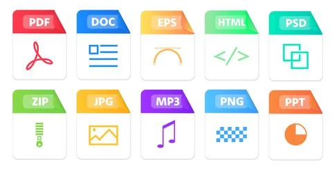 File formats flat icons set. White paper document pictograms with different file Stock Illustration