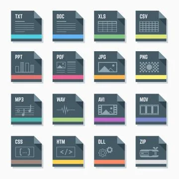 File formats icons set with illustrations Stock Illustration