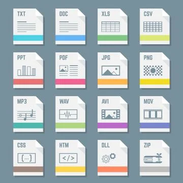 File formats icons set with illustrations Stock Illustration