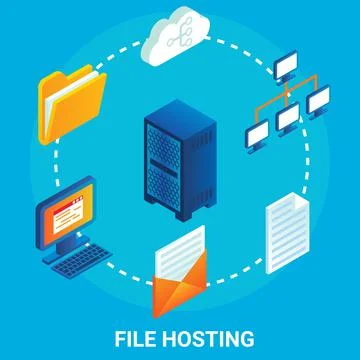 File hosting service flowchart, vector illustration. Isometric server racks Stock Illustration