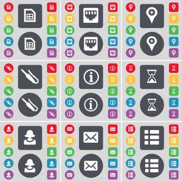 File, LAN socket, Checkpoint, Microphone connector, Information, Hourglass, Avat Stock Illustration