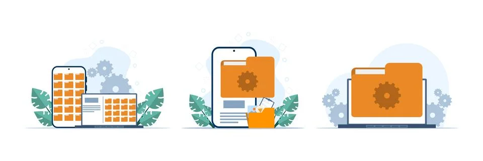 File management and data storage illustration set with folders, documents. Illustrazione stock