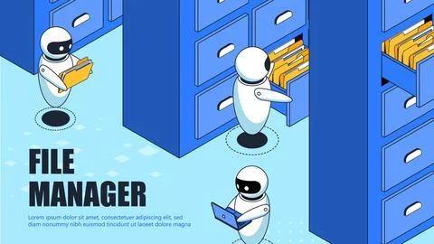 File management bots in office scene. Vector illustration Stock-Illustration