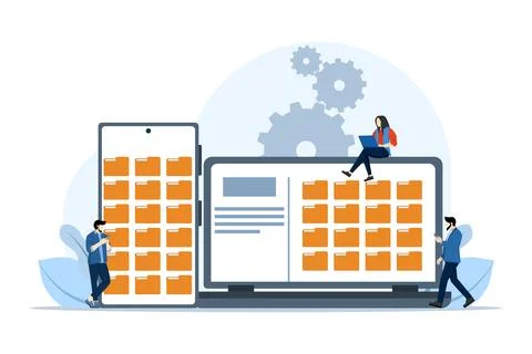 File management concept, Data storage, Folders, documents and media content. Stock Illustration