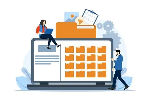 File management concept, Data storage, Folders, documents and media content. Stock Illustration