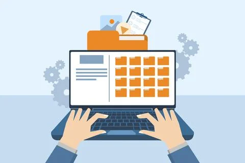 File management concept, Data storage, Folders, documents and media content. Illustrazione stock