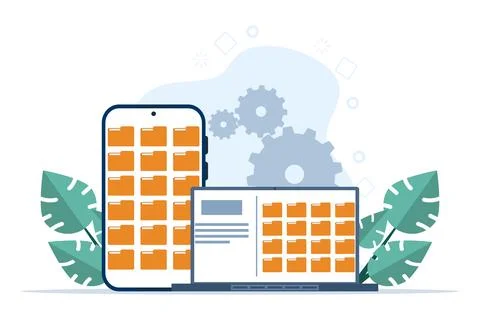 File management concept, Data storage, Folders, documents and media content. Stock Illustration